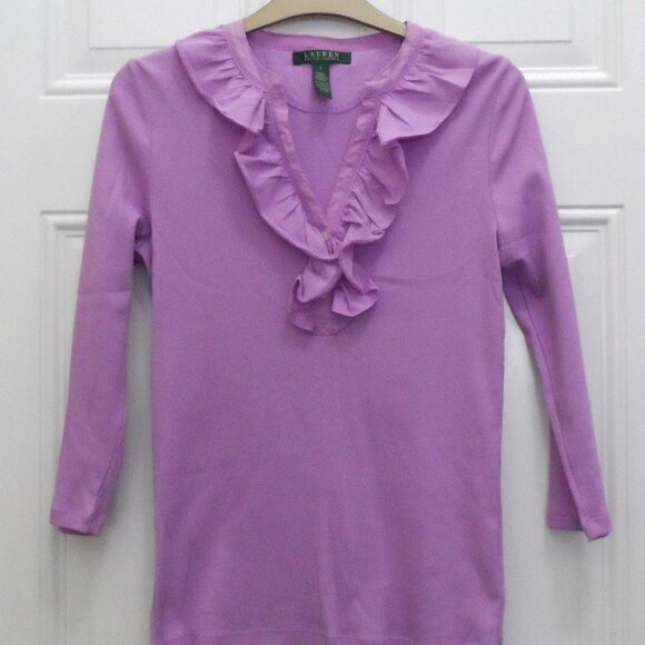 Ralph Lauren- ruffle collar  3/4 sleeve light purple blouse shirt sz., S - Picture 1 of 9